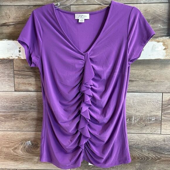 JOSEPHINE STUDIO Ladies Ruched Ruffled Vneck Short Sleeve Top Size Small - Picture 1 of 6
